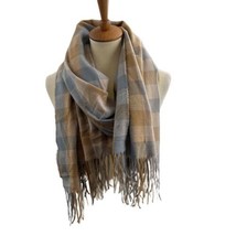 Hat Attack Scarf Plaid Scarf Blue Tan Fringe Ends Blanket Scarf New - $33.74