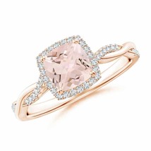 ANGARA Twisted Shank Cushion Morganite Halo Engagement Ring in 14K Gold - £757.98 GBP