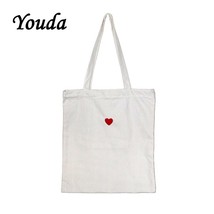 Pure White Canvas Bag Love Embroidery Patch Handbag Red Heart Embroidery Zipper  - £17.69 GBP