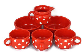 Waechtersbach West Germany Red White Dots Cups Creamer Bowls 6 Piece - £28.65 GBP