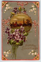 Birthday Flowers Postcard Purple Bouquet Church Vintage Greeting 1910 Germany - £6.97 GBP