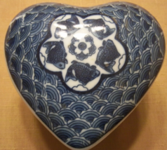 Jewelry Trinket Box Porcelain China Heart Blue Wave Japan Vintage Mann 1977 VGPC - $20.00