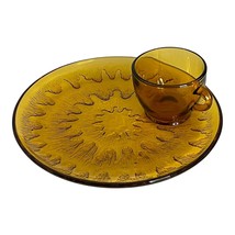 Vintage Amber Glass Snack Set – 4 Cups &amp; 4 Plates – Mid-Century Modern - $42.08