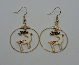 Reindeer Earrings Women&#39;s White Elk Deer Gold Tone Christmas Holiday - £5.57 GBP