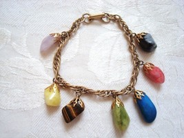 Vintage Bracelet ~ Colorful Polished Natural Stone ~ Rocks ~ Charms ~ Drops - $7.00