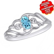 Three Stone Wedding Ring Simulated Blue Topaz &amp; Natural Diamond 10k White Gold - £451.22 GBP