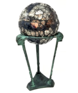 Carpet Ball on Bronze Stand Silver Glass Black Mosaic Smooth Rams Head V... - $47.45