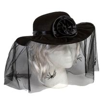 Goth Black Mourner Hat With Veil Rosette Spider Steampunk Halloween Costume Acce - $12.71