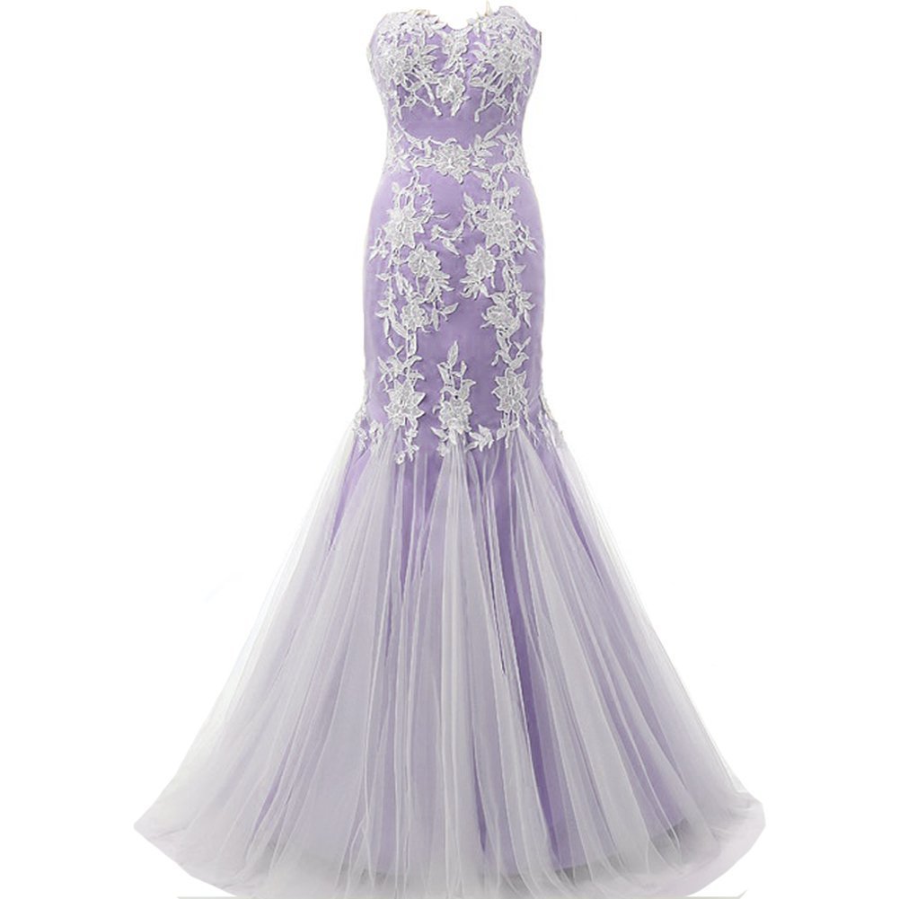 Kivary Mermaid Long White Lace Tulle Corset Back Formal Prom Evening Dresses Lav
