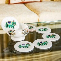 Marble White Teapot Coaster Set Malachite Inlay Stone Elephant Art Dinin... - $561.33