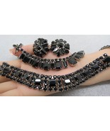 Weiss Set Necklace Bracelet Earrings Black Rectangular Rhinestones Silve... - $176.50 CAD