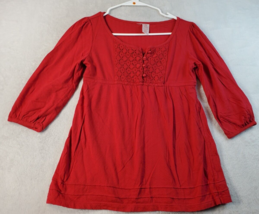 Girls Blouse Top Size Medium Red 100% Cotton 3/4 Casual Sleeve Round Neck Button - £6.74 GBP