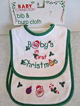 Baby&#39;s First Christmas Bib &amp; Burp Cloth Set Green Trim, Terrycloth New - £6.29 GBP