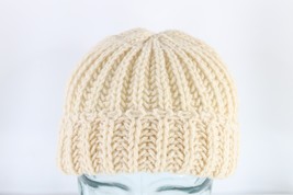 Vintage 70s Streetwear Blank Wool Chunky Knit Winter Beanie Hat Cap Cream Womens - £31.15 GBP