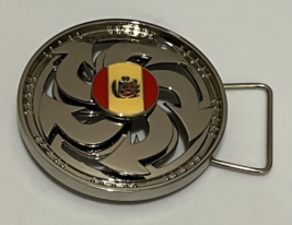 Spinner Belt Buckle Peru Flag Yellow Red Round Center Spinners Silver Bling - $20.75