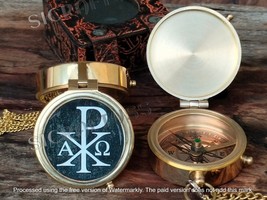 Chi-Rho Alpha Omega Pocket Brass Compass Gift With Leather Box. - $28.05