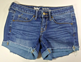 Mossimo Womens Shorts Size 0 Blue Jean Frayed Hem Mid Rise Mini Medium Wash - $9.99