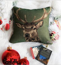 Hines of Oxford  Deer Stag Reindeer Tapestry Pillow 12x12&quot; Made in England Green - £70.40 GBP