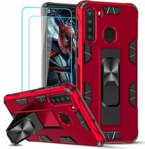 LeVi Phone Case for Samsung Galaxy A21 Kickstand &amp; Tempered Glass Screen (Red) - £14.76 GBP
