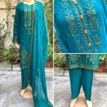 Pakistani Teal Straight Style Embroidered Sequins 3pcs Chiffon Dress,Medium - £80.95 GBP