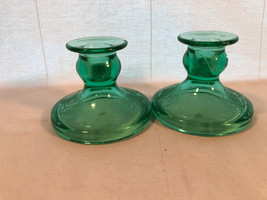 Pair Of Green Depression Glass Candlesticks  Floral Etched Pattern - £23.56 GBP