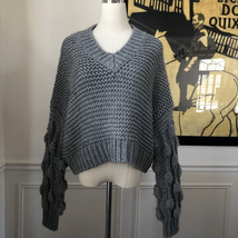 Elan Chunky Knit Cropped Vneck Sweater Grey S - $23.04
