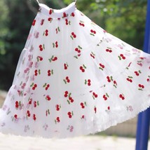 White Cherry Pattern A-line Long Tulle Skirt High Waisted Fairy Tutu Party Skirt - £68.57 GBP