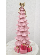 Christmas Coquette Pink Tree With Gold Bow Presents Figurine Tabletop Decor 15" - $48.50