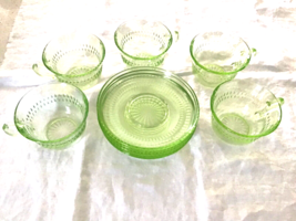 Vaseline Green Roulette Pattern Cups Saucers Hocking Glass 1935-38 Uranium Glass - £55.16 GBP