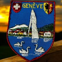 Vtg GENEVE Swiss Embroidered Cloth Patch Badge Swans Fountain Travel Sou... - $19.87