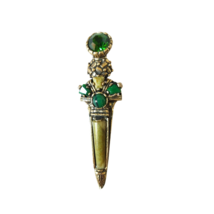 Vintage Women&#39;s Brooch Lapel Pin Sword Shape Green Jewels Gold Tone Jewelry - £15.73 GBP