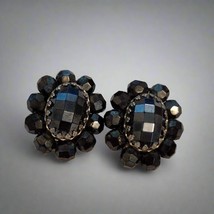 Vintage Black Faceted Bead Button Clip-On Earrings – Mid-Century Costume... - $24.75