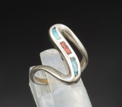 SOUTHWESTERN 925 Silver - Vintage Crushed Turquoise &amp; Coral Ring Sz 5 - RG24891 - £41.84 GBP