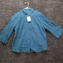 VTG Christopher &amp; Banks Shirt Women Large Blue Linen Cottagecore Shoulder Pads - £6.86 GBP