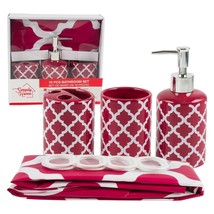 Raspberry Red Bathroom Set Toothbrush Holder Soap Dispenser Shower Curtain - £9.02 GBP