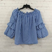 Entro Top Womens Large Blue Plaid Gingham Off The Shoulder Tiered Puff S... - $24.99