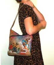 ANUSCHKA Leather Purse V-Top Handbag Shoulder Strap Hand Painted Butterfly - £75.99 GBP