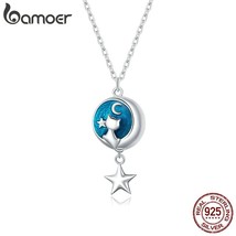 bamoer Genuine 925 Sterling Silver GeometricMoon &amp; Cat Pendant Necklace for Wome - £19.32 GBP
