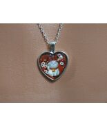 Bubble Heart shaped pendant w/Red back of White Cat, Flowers W/ Chain in... - $27.16