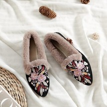 S embroidered women slip on warm faux fur collar flats winter soft velvet cotton pointy thumb200