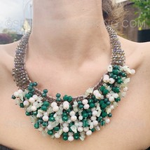 Bold Green 20&quot; Distinctive Handmade Clustered Beads Unclouded Bib Choker Necklac - £141.24 GBP