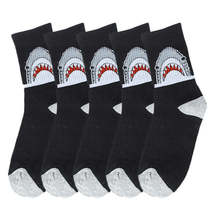 Anysox 5 Pairs Size 4-9 Black Sports Socks Long Casual Shark Print - £22.30 GBP