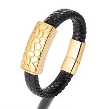 Genuine Leather Bracelet Men Gold Color Cross Handmade Punk Jewelry Charm Bracel - £11.89 GBP