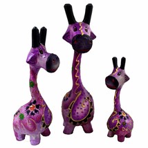 Set of 3 Purple Giraffe Statues Handmade in Indonesia Wood - $45.53