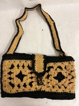 Vintage Black &amp; Beige Hand Crochet Women&#39;s Shoulder Bag Purse Neutral Boho - £30.06 GBP