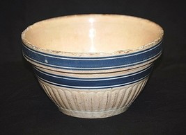 Old Vintage Antique Primitive Stoneware Crock Mixing Bowl w Blue Bands &amp; Ribbed - £46.65 GBP