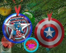 Captain America &amp; Shield 3.9&quot; Aluminum 2 Sided Christmas Ornament With Ribbon - £12.80 GBP