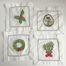 Christmas Embroidered Cotton Linen 4.5&quot;x 4.5&quot; Cocktail Napkins Set of 4 White  - £18.10 GBP