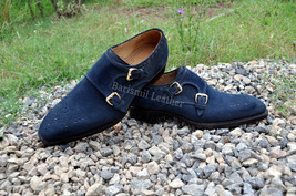 Double Monk Blue Suede Leather Handmade Shoes Leather Dress Shoes for Men - $170.99+
