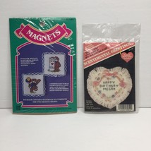 Vintage 80s Set 2 Cross Stitch Kit Magnets Scentimental Greetings Happy ... - $19.99